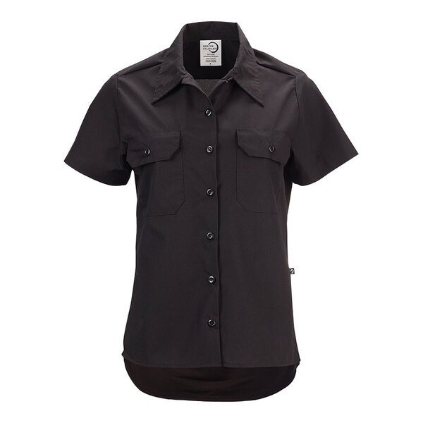 A women's black short sleeve work shirt with button front and two chest pockets in size 3XL.