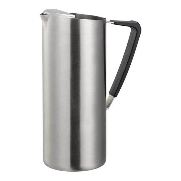 A brushed stainless steel pitcher with a black handle and a slim, tall design.
