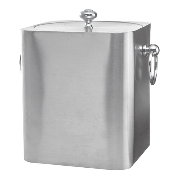 A square brushed stainless steel hotel ice bucket with a lid and side handles.