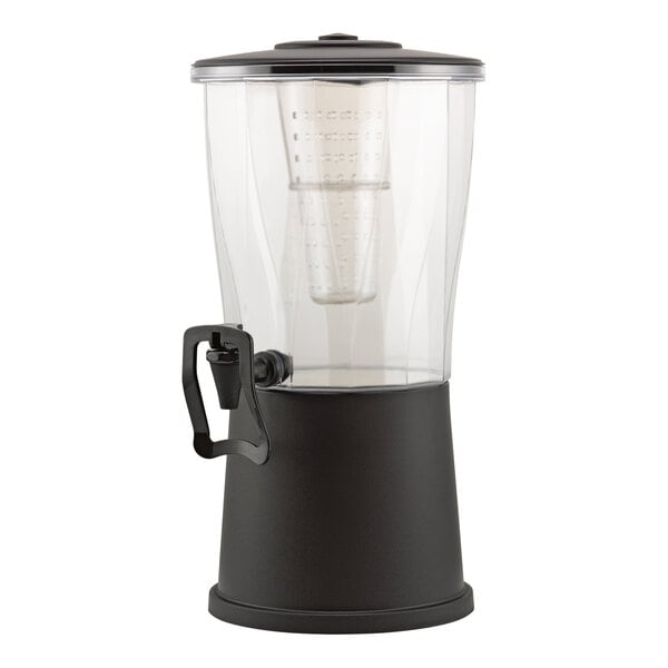A black acrylic 3-gallon round cold beverage dispenser with a hands-free spigot and an infuser tube inside.