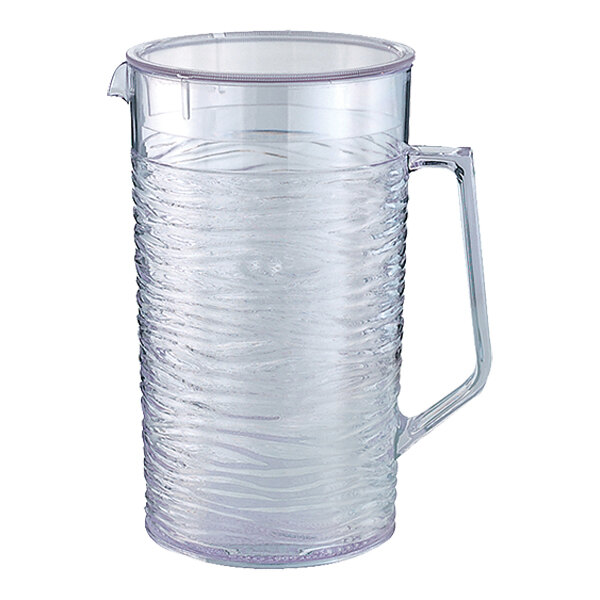 A clear plastic water pitcher with a textured surface, a handle, and a slotted lid.