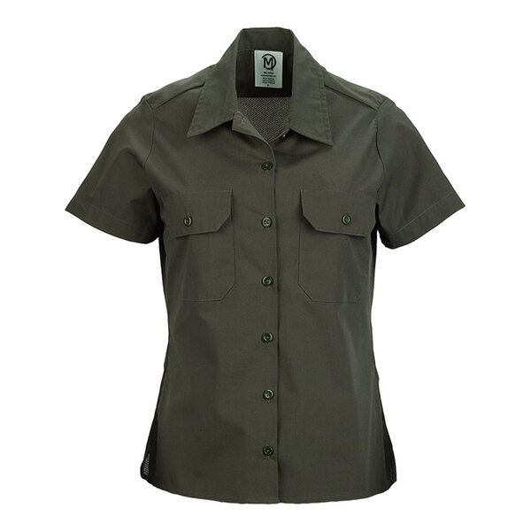 A women's olive short sleeve work shirt with button front and two chest pockets.