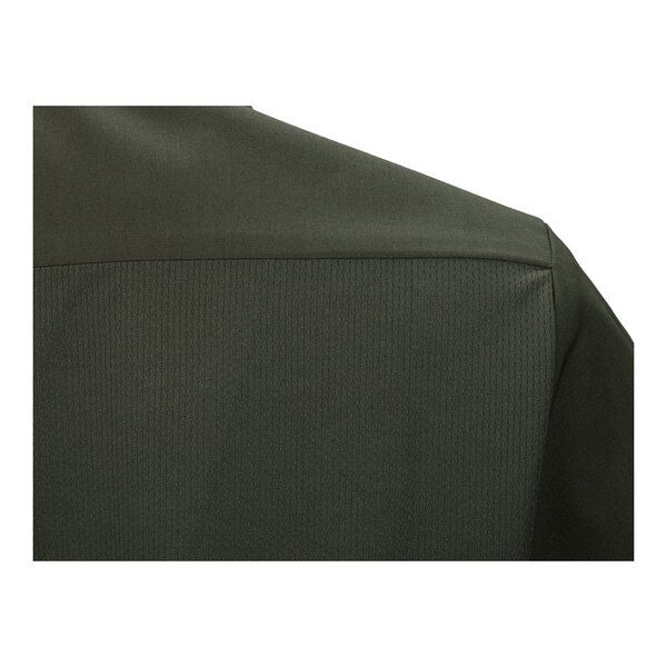 A close-up view of the shoulder and upper back area of an olive green short sleeve work shirt.