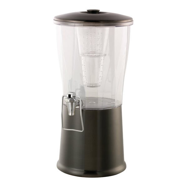 A 3-gallon round cold beverage dispenser with a metallic dark tungsten stainless steel base, clear Tritan plastic container, hands-free spigot, and an infuser tube.