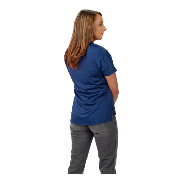 A women's navy blue short sleeve work shirt in XL size, shown from the back.