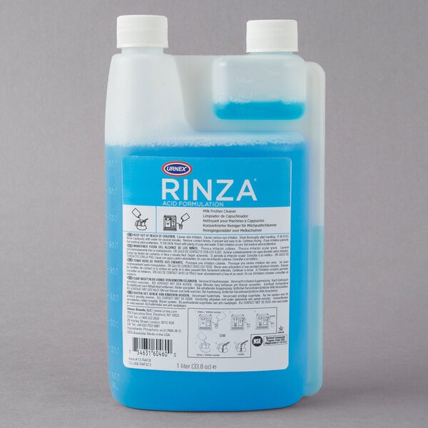 A 1-liter bottle of Urnex Rinza acid formulation milk frother cleaner.
