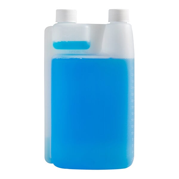 A translucent plastic bottle filled with blue liquid milk frother cleaner, featuring two white caps and measurement markings on the side.