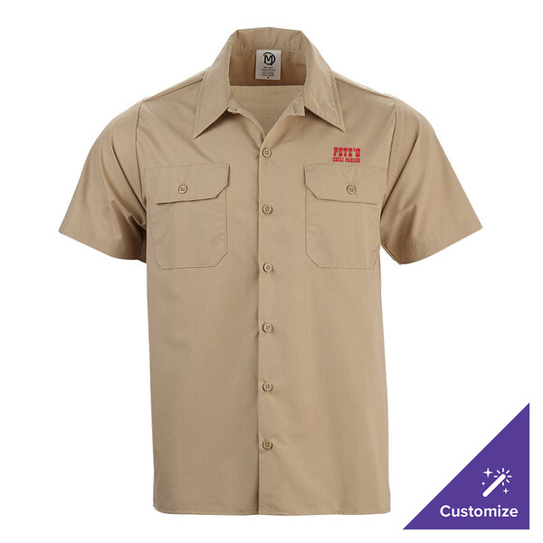 A khaki short sleeve unisex work shirt with two chest pockets and customizable embroidery.