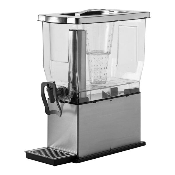 A rectangular 3-gallon cold beverage dispenser with a brushed stainless steel base, clear plastic container, hands-free spigot, and infuser and ice tubes.