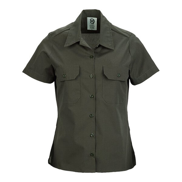 A women's olive short sleeve work shirt with button front and two chest pockets.