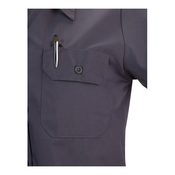 A gray short sleeve women's work shirt in size 3XL with a buttoned chest pocket holding a pen.