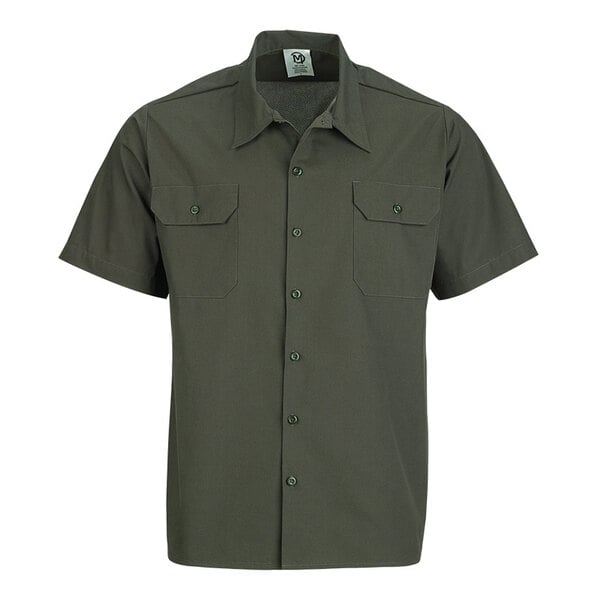 A unisex olive short sleeve work shirt with button front and two chest pockets.
