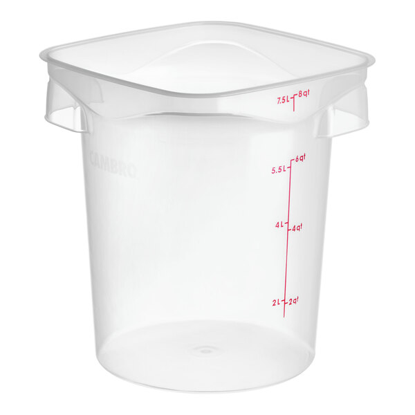 A translucent round polypropylene food storage container with red measurement markings and a square rim.