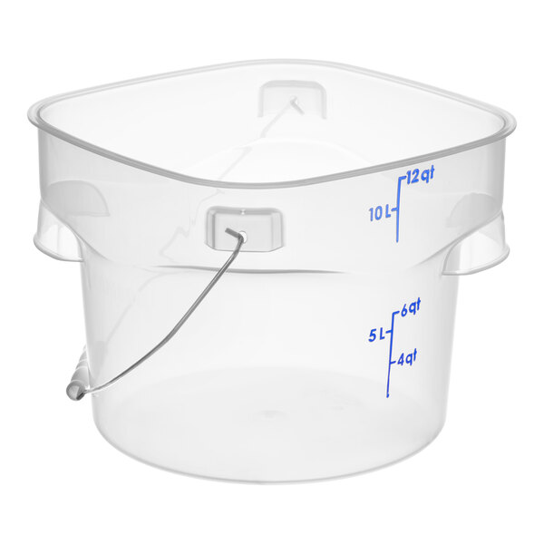 A translucent round food storage pail with a bail handle and measurement markings.