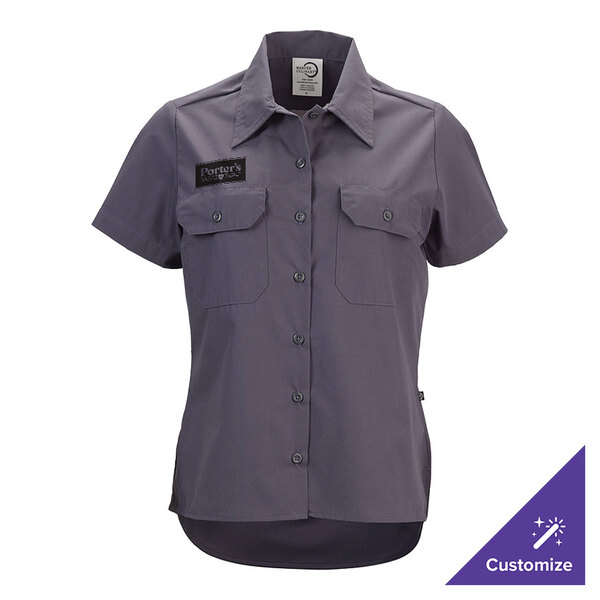 A women's gray short sleeve work shirt in size 2XL with button front and two chest pockets.