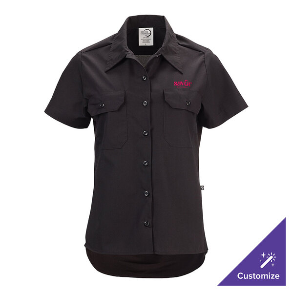 A women's black short sleeve work shirt with button front and chest pockets, customizable for personal or business use.