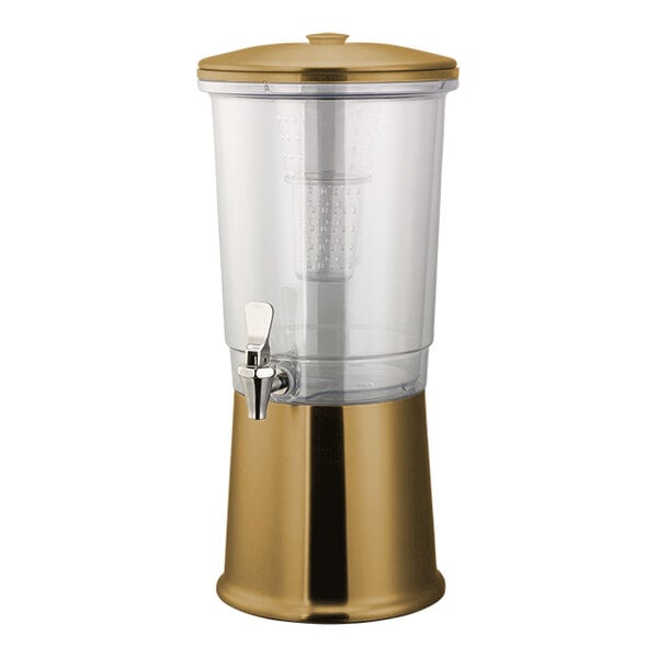 Service Ideas Elite 3 Gallon Round Metallic Vintage Gold Stainless Steel and Tritan™ Plastic Double-Wall Cold Beverage Dispenser with Infuser Tube CBDDW3GSSVG