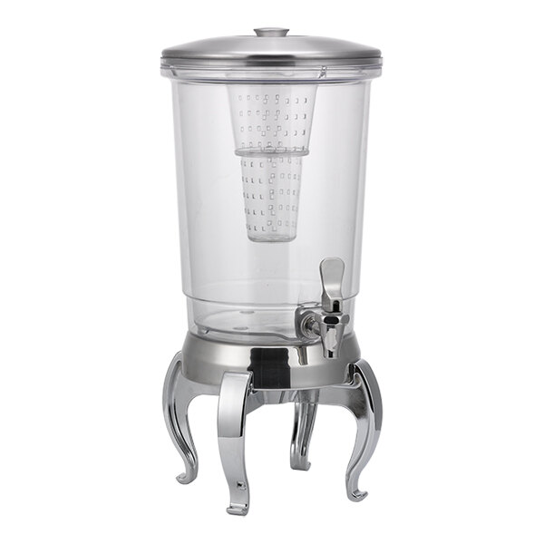 A 3-gallon round cold beverage dispenser with a stainless steel base, clear Tritan plastic body, infuser tube, and decorative regal legs.