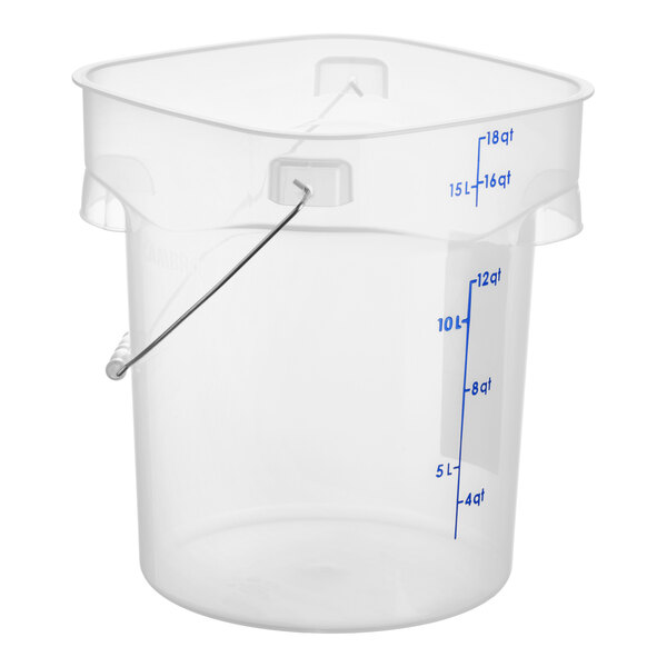A translucent round food storage pail with a bail handle and measurement markings on the side.