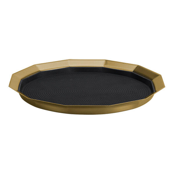 A 14-inch vintage gold 12-sided serving tray with a removable non-slip black insert.
