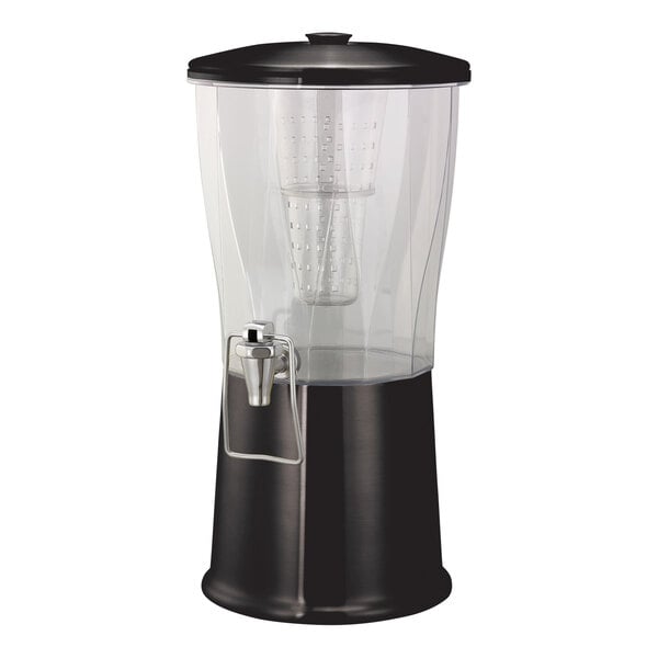 A 3-gallon round cold beverage dispenser with a metallic black onyx stainless steel base, clear Tritan plastic container, hands-free spigot, and an infuser tube.