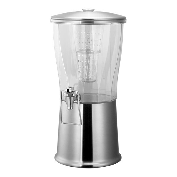 Service Ideas Elite 3 Gallon Round Metallic Stainless Steel and Tritan™ Plastic Hands-Free Cold Beverage Dispenser with Infuser Tube CBDRT3BSSSHF