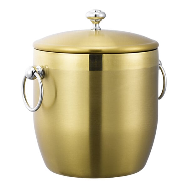 A metallic vintage gold stainless steel hotel ice bucket with a lid and side handles.