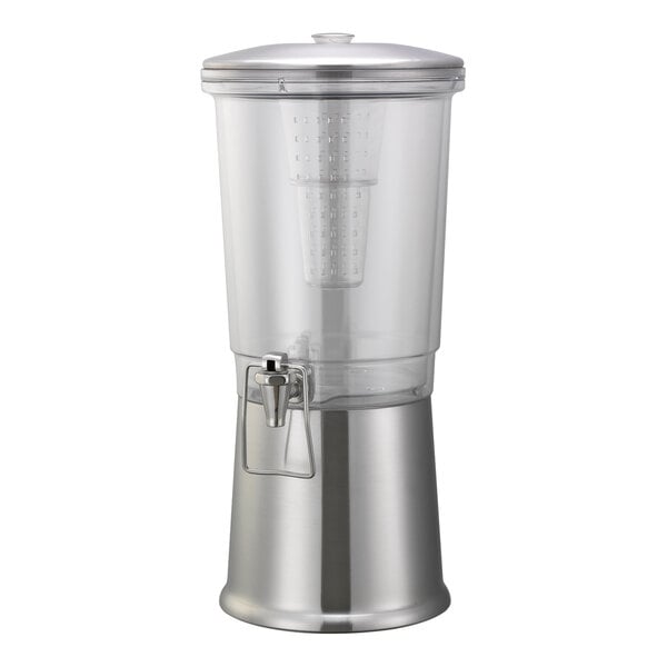 Service Ideas Elite 3 Gallon Round Brushed Stainless Steel and Tritan™ Plastic Double-Wall Hands-Free Cold Beverage Dispenser with Infuser Tube CBDDW3GSSHF
