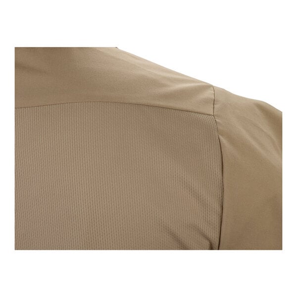 A close-up view of the back shoulder area of a khaki short sleeve work shirt in size 3XL.
