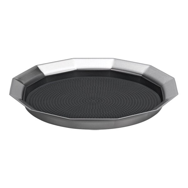 A 12-sided brushed stainless steel serving tray with a removable non-slip insert.