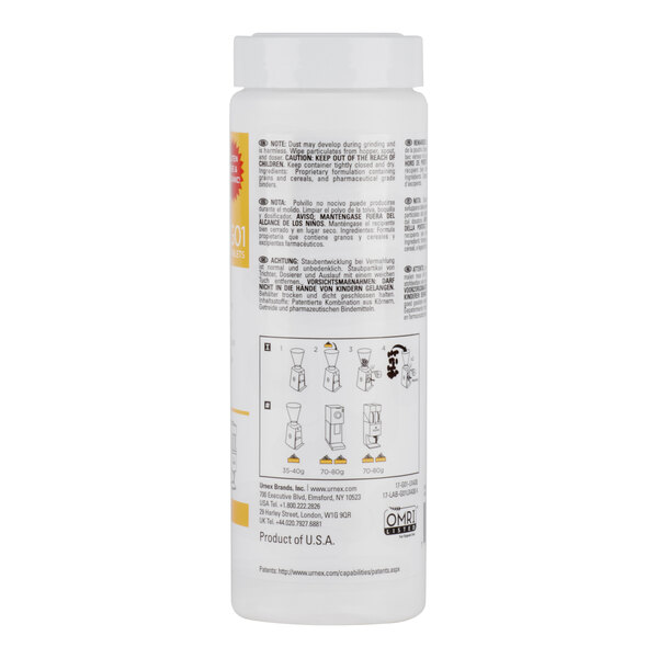 A white cylindrical container of Urnex Grindz coffee and espresso grinder cleaner granules.