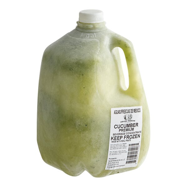 A one-gallon jug of Aguas Frescas de Mexico cucumber agua fresca concentrate with a white cap and product label.