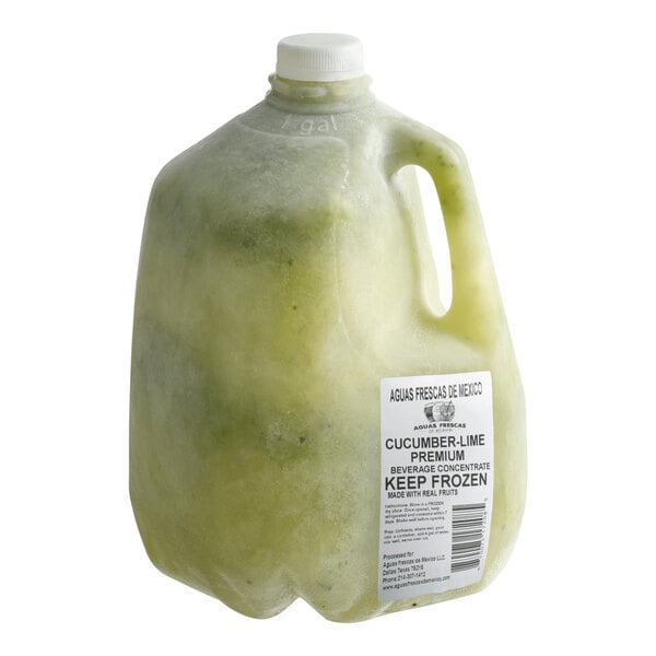 A one-gallon jug of Aguas Frescas de Mexico cucumber-lime beverage concentrate.