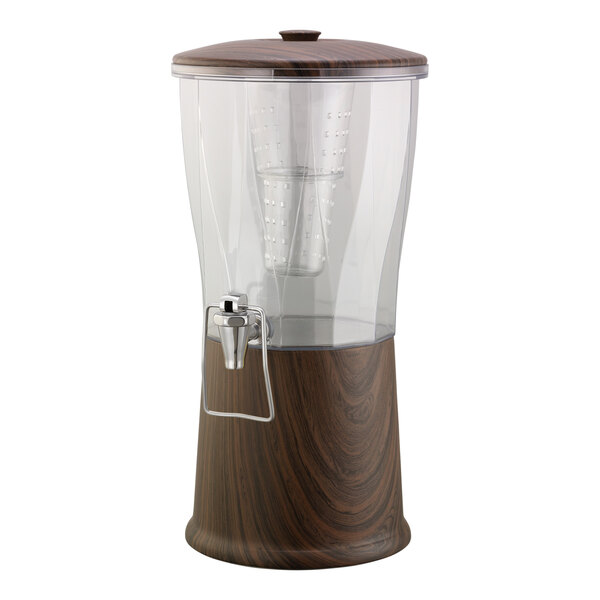 Service Ideas Elite 3 Gallon Round Natural Dark Wood Stainless Steel and Tritan™ Plastic Hands-Free Cold Beverage Dispenser with Infuser Tube CBDRT3DWSSHF