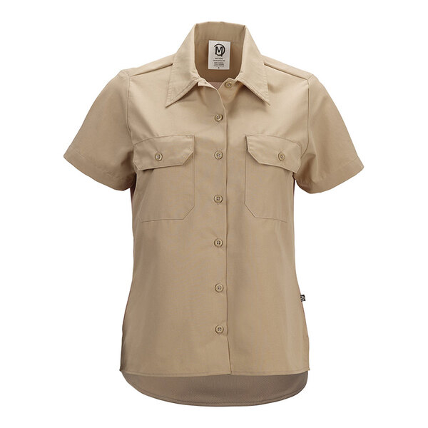 A women's khaki short sleeve work shirt with button front and two chest pockets in size 3XL.