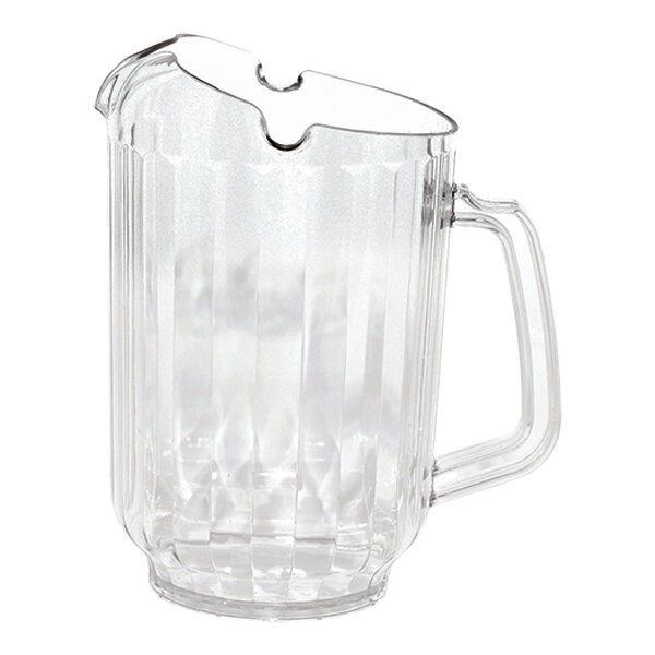 A clear plastic pitcher with a handle and a notched spout.