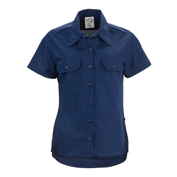 A women's navy blue short sleeve work shirt in size 2XL with button front and two chest pockets.