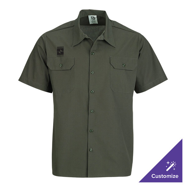 A unisex olive short sleeve work shirt with two chest pockets, designed for customization.