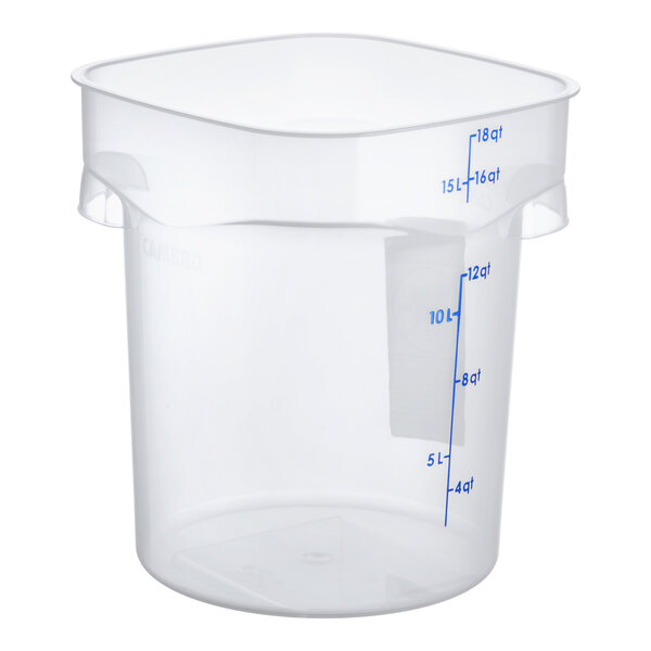 A large, translucent round plastic food storage container with blue measurement markings up to 18 quarts.