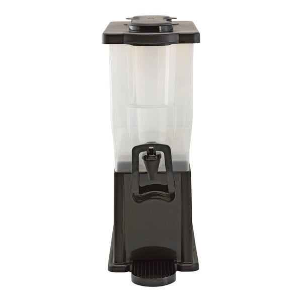 A rectangular black acrylic hands-free cold beverage dispenser with an infuser tube and ice chamber.