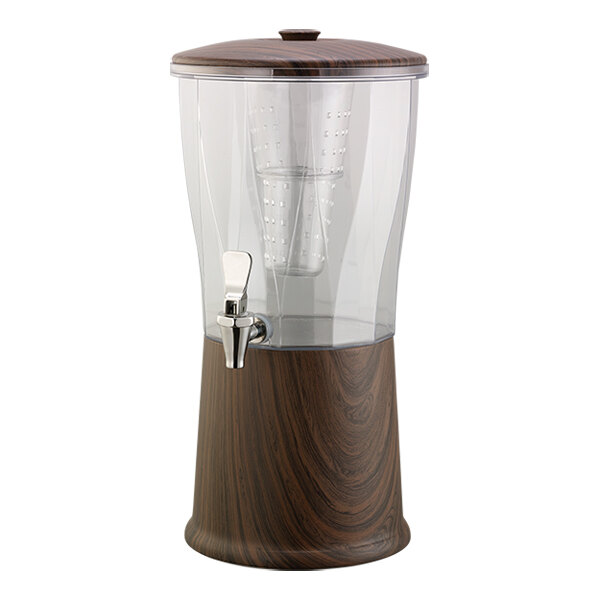Service Ideas Elite 3 Gallon Round Natural Dark Wood Stainless Steel and Tritan™ Plastic Cold Beverage Dispenser with Infuser Tube CBDRT3DWSS