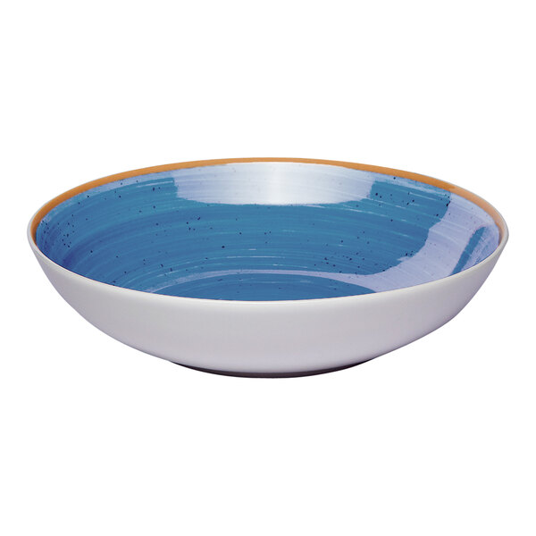 A round porcelain plate with a deep coupe shape, featuring a blue and white two-tone design.