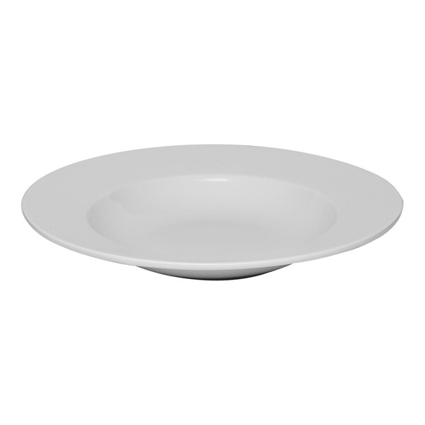 A white round porcelain plate with a wide rim and deep center.