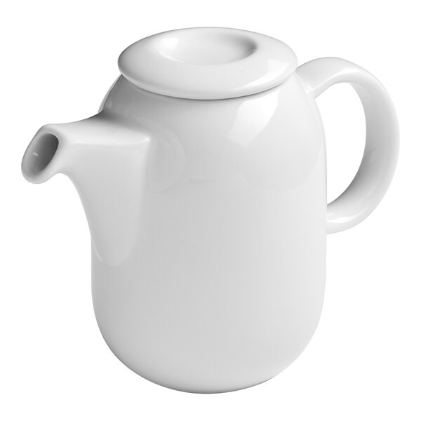 A white porcelain coffee pot with a handle, spout, and lid.