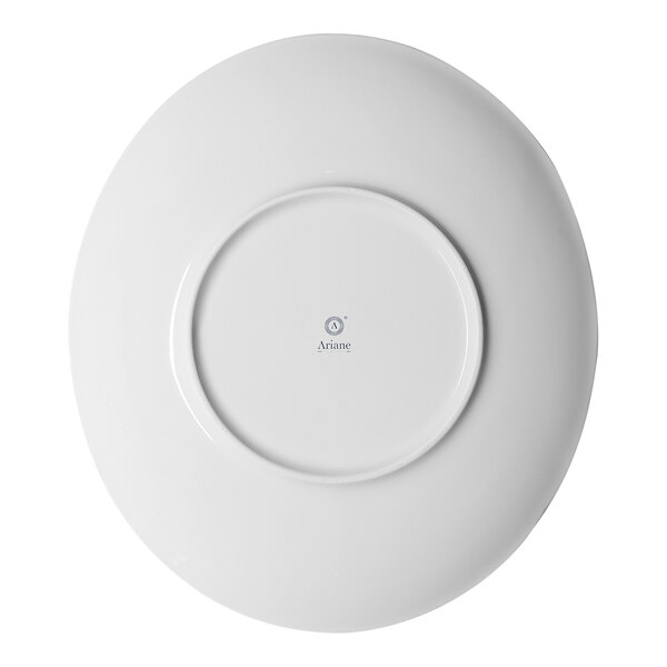 An oval white porcelain plate shown from the bottom with the Ariane brand logo at the center.