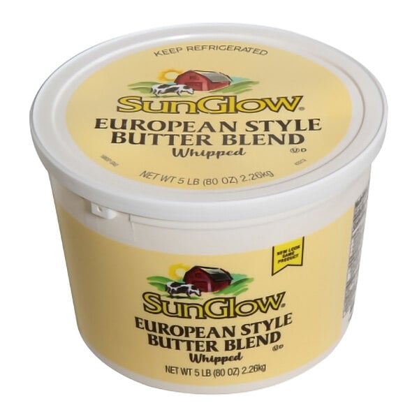A 5-pound tub of SunGlow European Style Whipped Butter Blend margarine.
