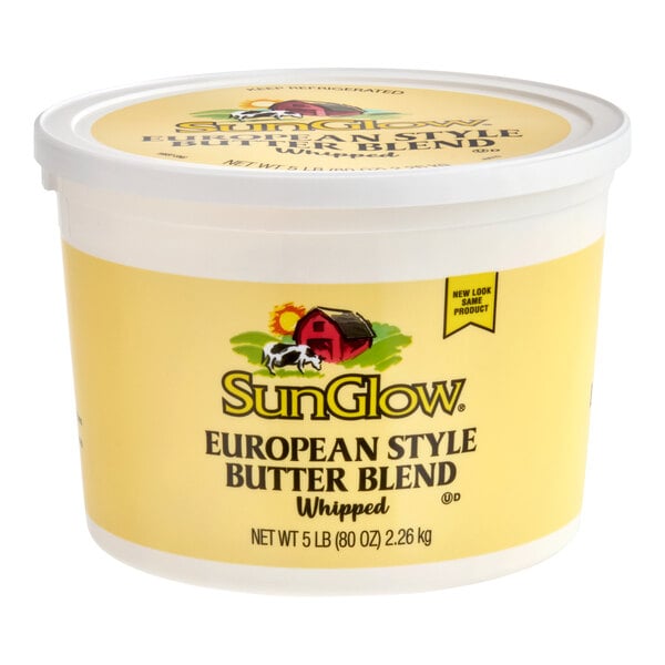 A 5 lb tub of SunGlow European Style Whipped Butter Blend margarine.