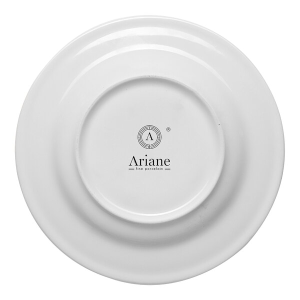 A white round porcelain soup bowl saucer with an embossed wide rim, shown from the bottom with the Ariane brand logo.