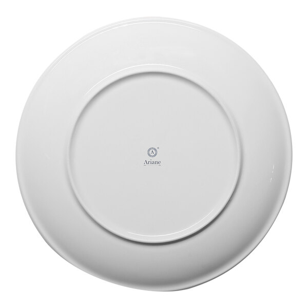 A round, white porcelain plate shown from the bottom with the Ariane brand logo at the center.