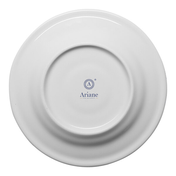 A white round porcelain saucer with an embossed wide rim, shown from the bottom with the Ariane brand logo.